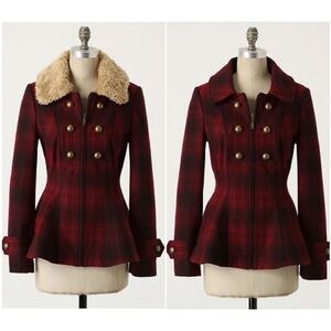 ANTHROPOLOGIE ELEVENSES
Red Plaid Fitted WOOL BLEND COAT Zip Button Womens Sz 0